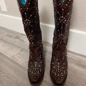 Lane Sparks Fly Cognac Cowboy Boots Tall Silver Studded Size 5